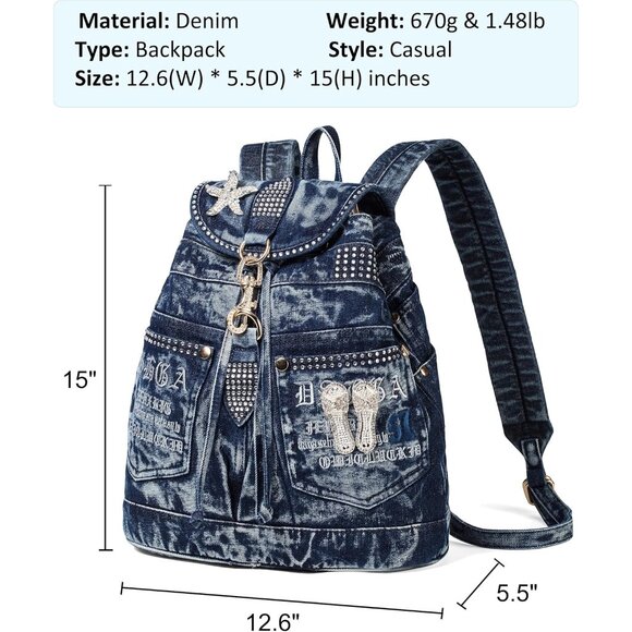 Blue Denim Backpack Purse with Rhinestones, Casual Daypack, 15-inch - Picture 3 of 7